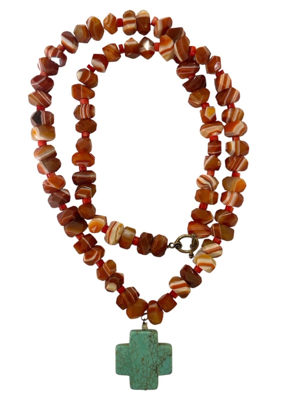 Banded Agate‎ Carnelian Stones Turquoise Cross Pendant Long Necklace